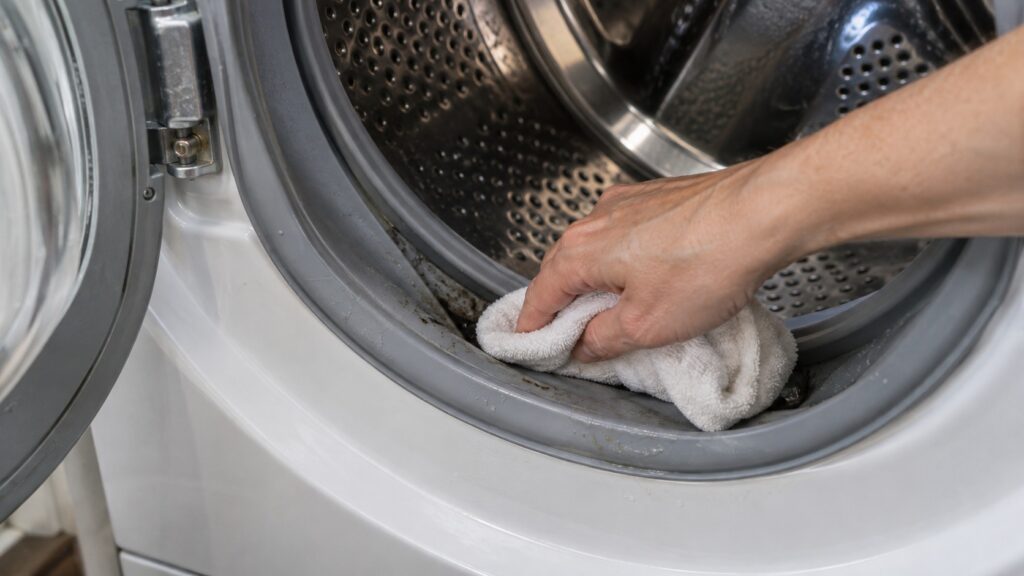 The dark damp fold at the bottom of a front-loading washer door seal with a cloth being pressed into it