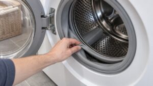 A hand pulling back the rubber door seal of a front-loading washer to look inside the fold