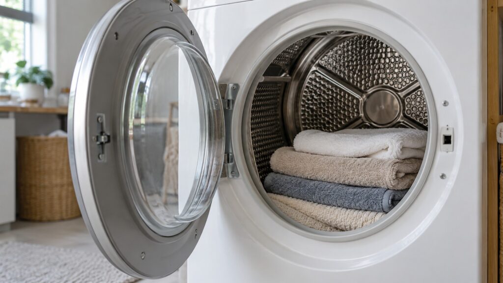 The open round door of a compact dryer showing a drum with a fine waffle-like honeycomb surface and a neat pile of towels