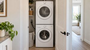 A white compact front-loading dryer stacked above a matching washer in a bright apartment laundry closet