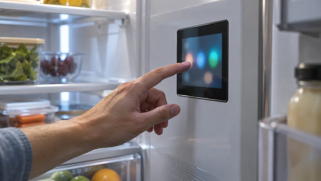 A close view of a small color touch display inside a refrigerator showing blurred soft icons and a hand about to touch it