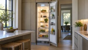 A tall panel-ready refrigerator column with its door open showing a lit interior and a small touch display near the top