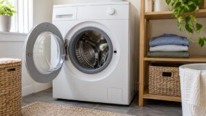 A white compact front-loading washer with its door open and a small load of folded shirts on a shelf beside it