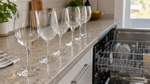 A row of clear and slightly hazy wine glasses on a kitchen counter beside an open dishwasher rack