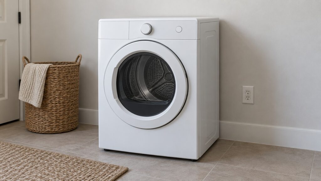 A compact front-load dryer standing flush against a plain wall with no duct or hose behind it, a standard wall outlet beside it