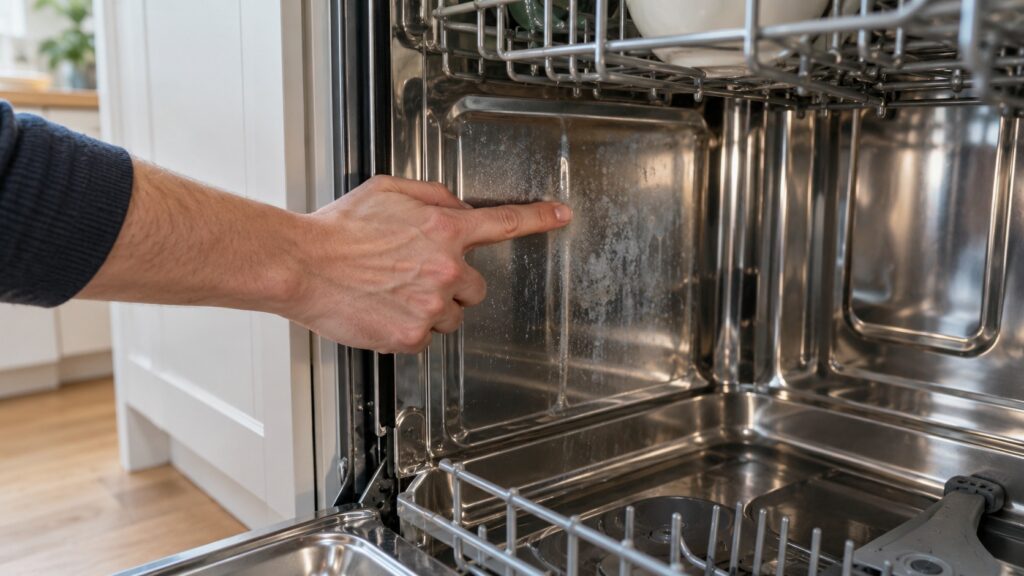 A hand pointing to a light film on the wall of a dishwasher chamber