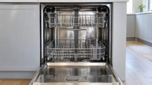 An empty, clean dishwasher chamber with its door open