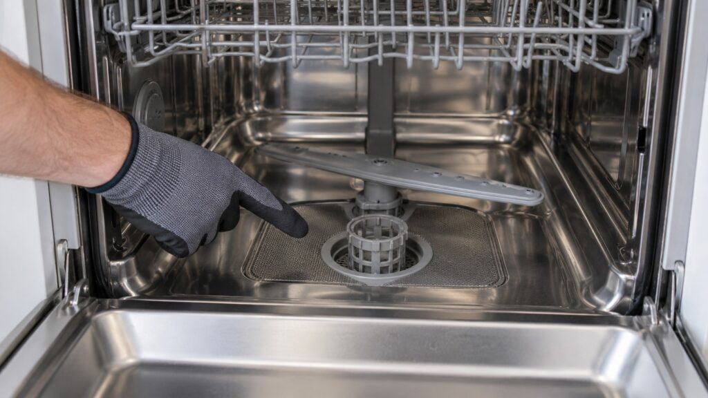 A gloved hand pointing at the filter area on the floor of an empty dishwasher tub