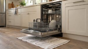 A dishwasher with its lower basket pulled out and a towel laid on the floor in front of it