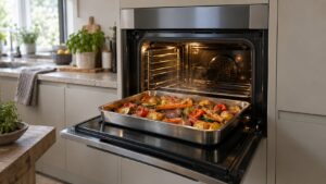 A built-in combi-steam oven with a tray of roasted vegetables on the open door