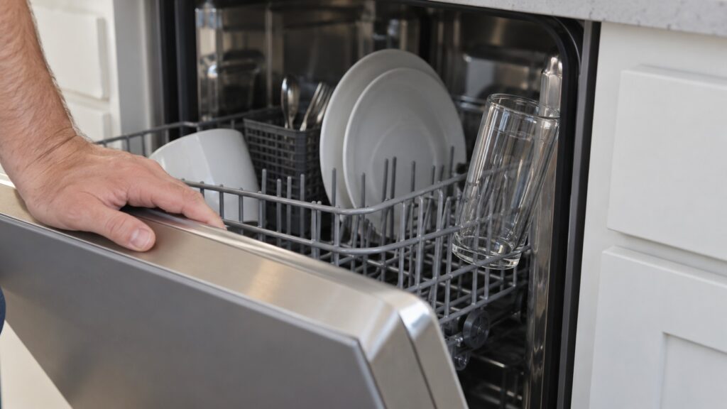 A hand at a slightly open dishwasher door, a glass in the lower basket touching the side wall