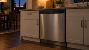 A dishwasher in a kitchen in the evening with a dark control panel and no lit symbols
